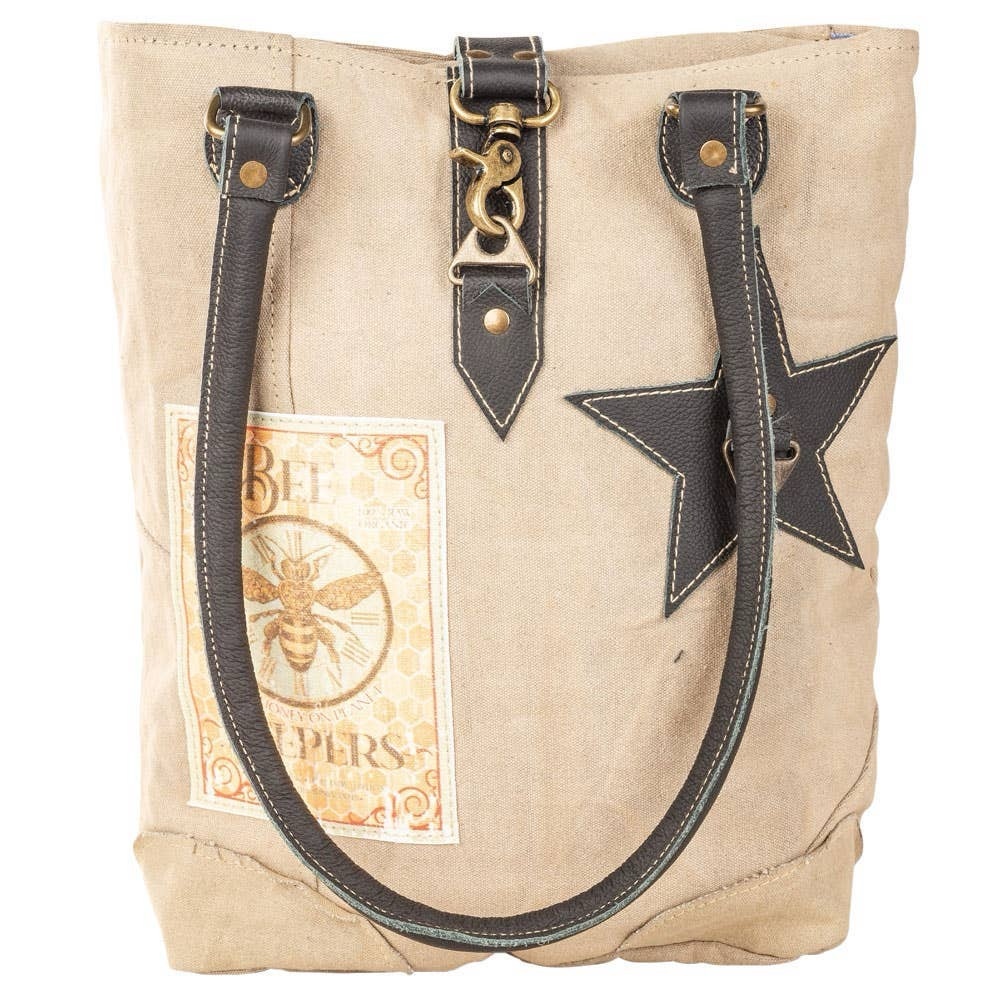 Clea Ray Beige Bee Keepers Tote Bag with Star Patch from upcycled military tents